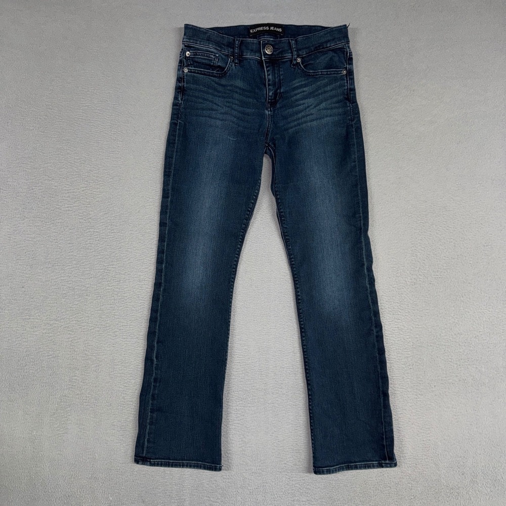 Express Jeans Womens 6 Short Blue Barely Boot Mid Rise Dark Wash Stretch Denim
